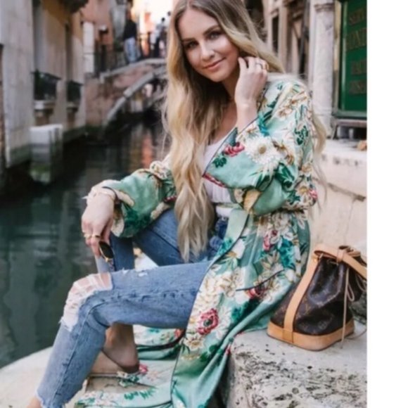 Tops - Sea Green Floral Print Duster Kimono